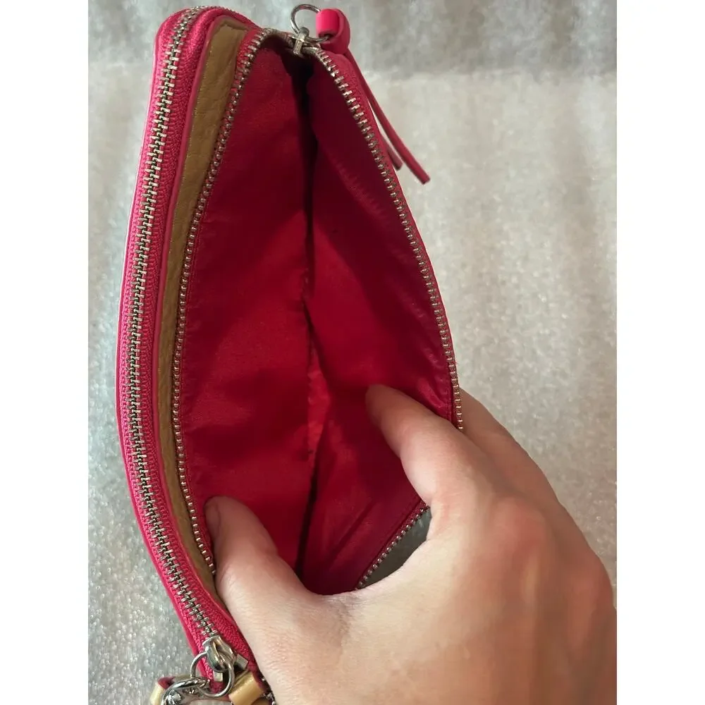 EUC Coach Bleecker Edgepaint Double Zip Leather Wallet Wristlet Camel Pink Ruby